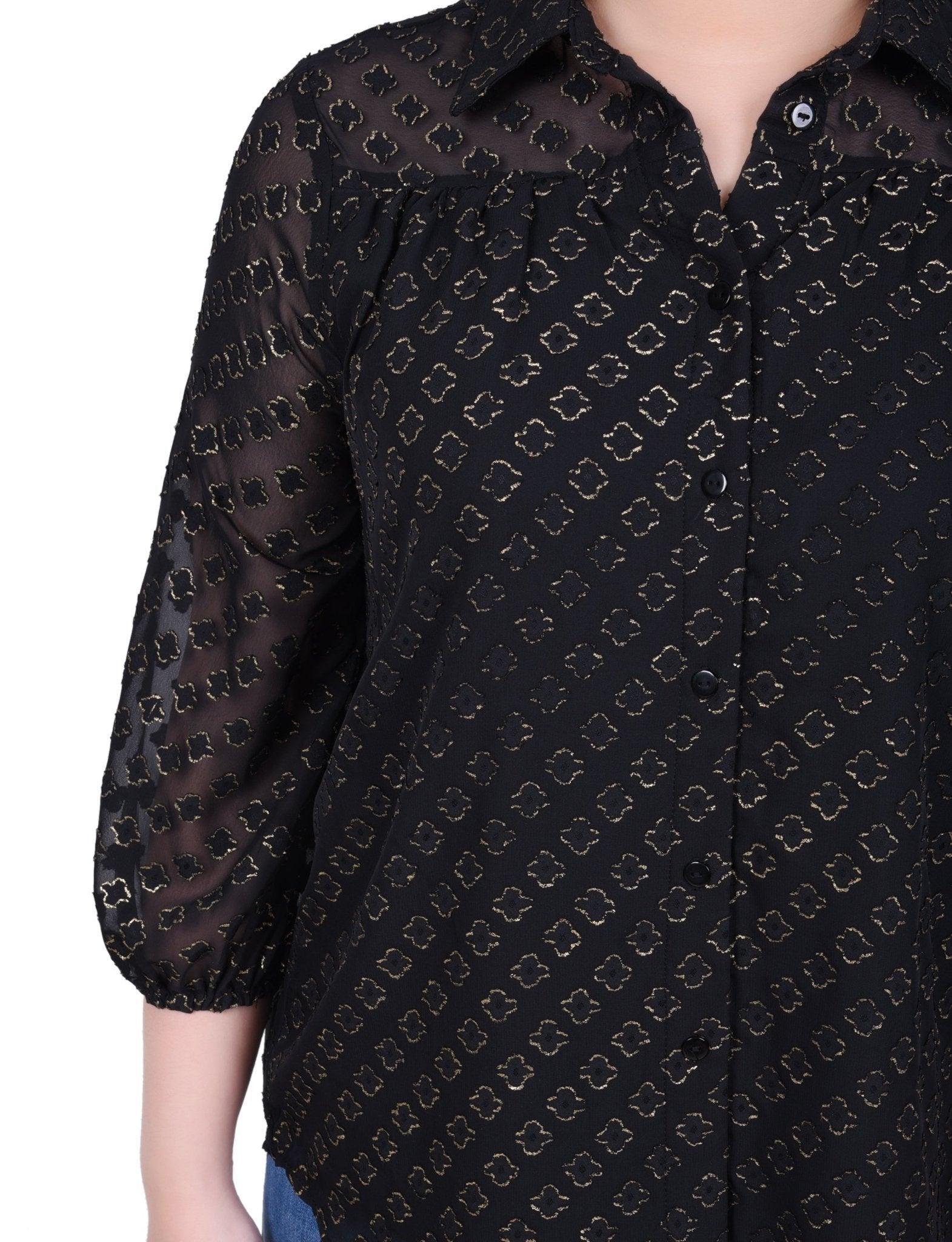 3/4 Length Sleeve Foiled Jacquard Chiffon Blouse - Petite Product Image