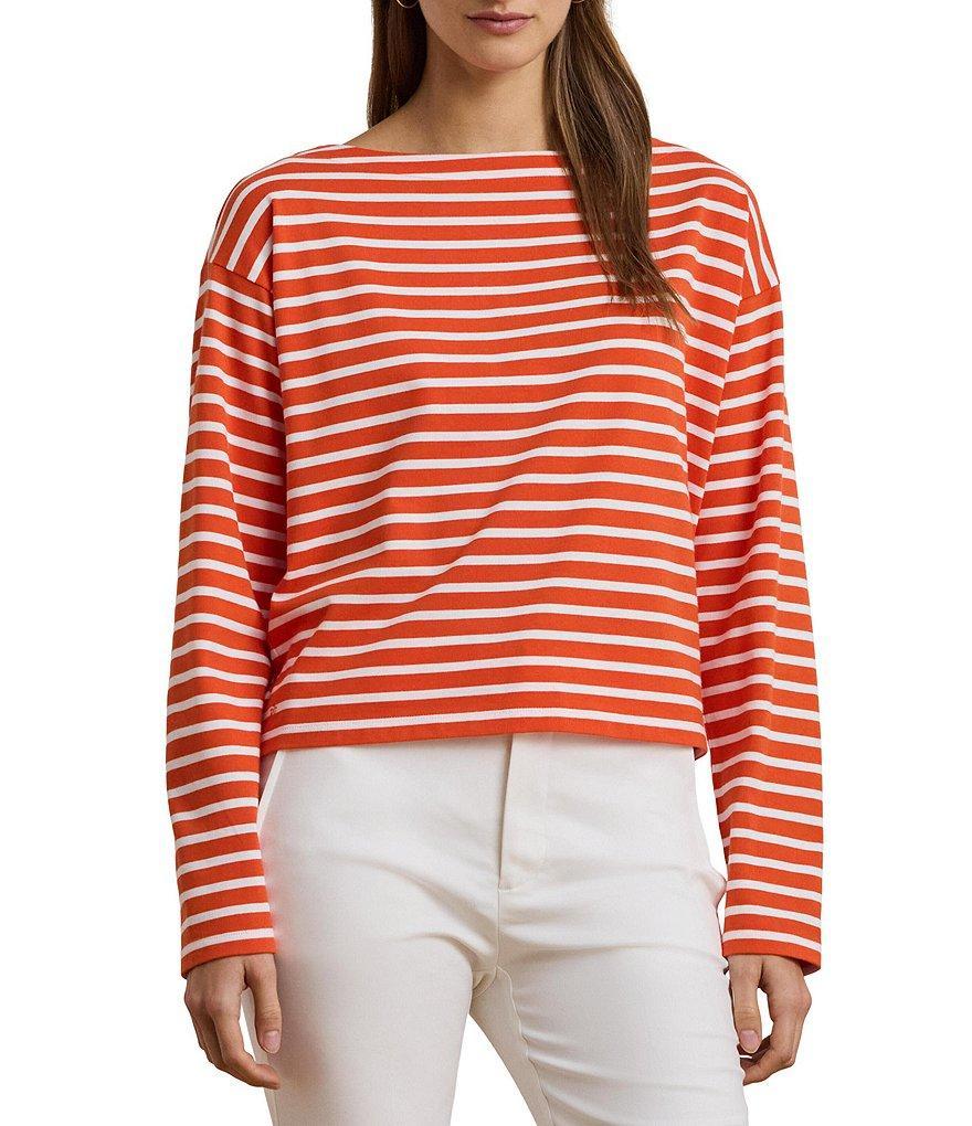 Lauren Ralph Lauren Cotton Jersey Stripe Boat Neck Long Sleeve Top Product Image