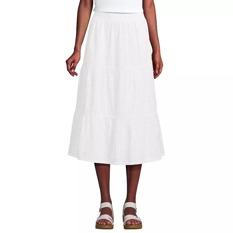 Womens Lands End Poplin Pull-On Tiered Eyelet Midi Skirt Product Image