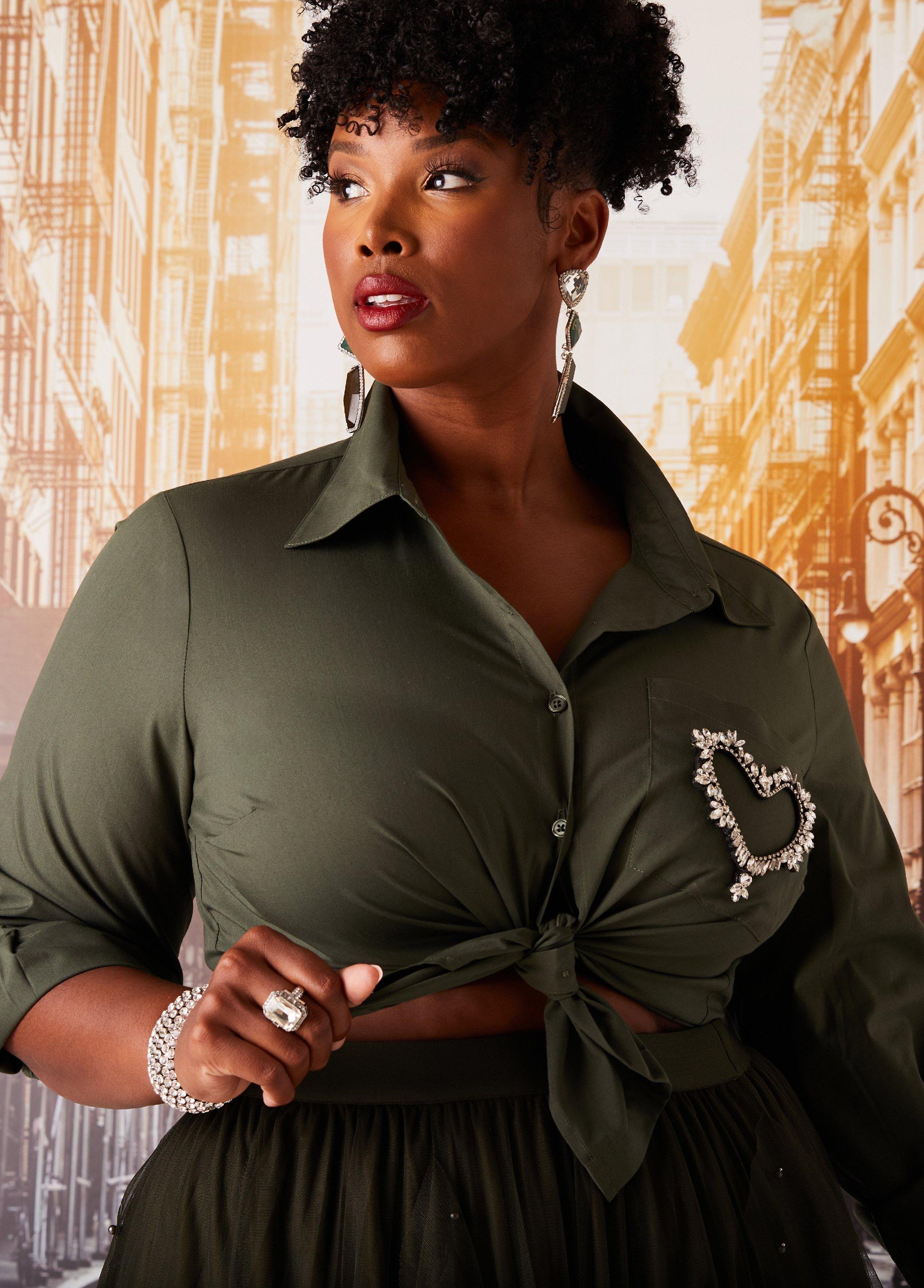 Plus Size Embellished Heart Collared Shirt Ashley Stewart Product Image