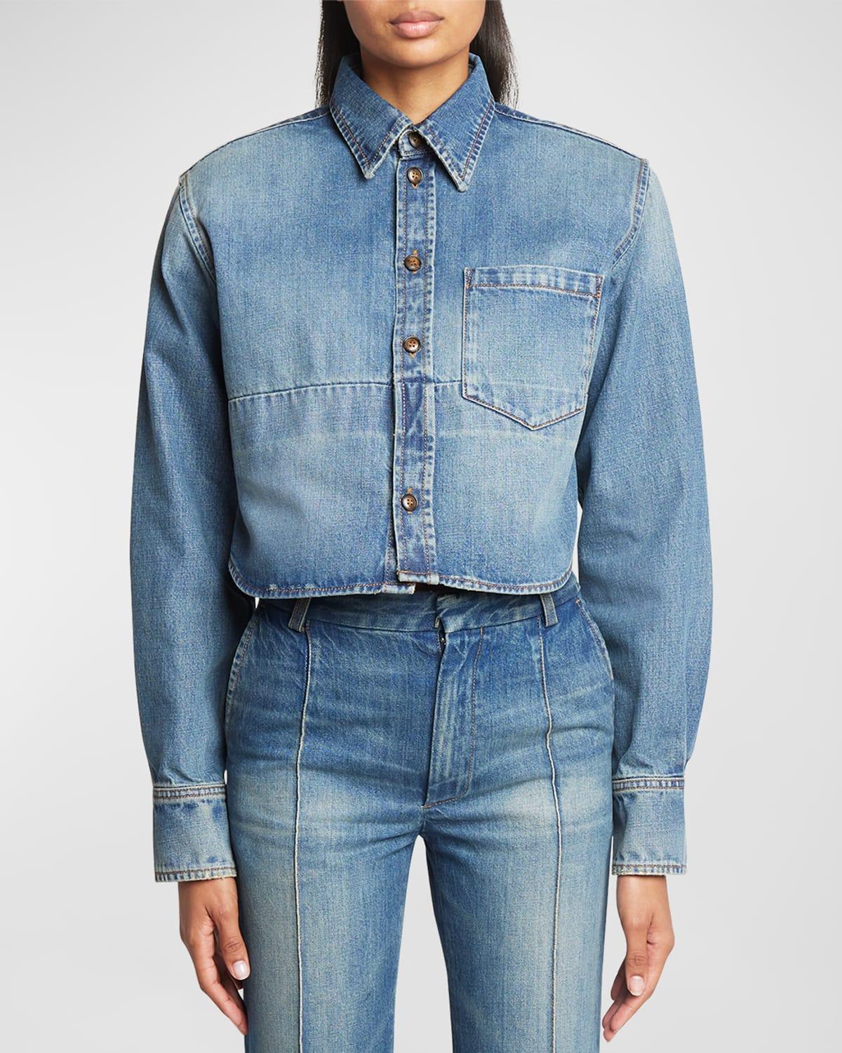 Strong-Shoulder Denim Crop Collared Shirt Product Image