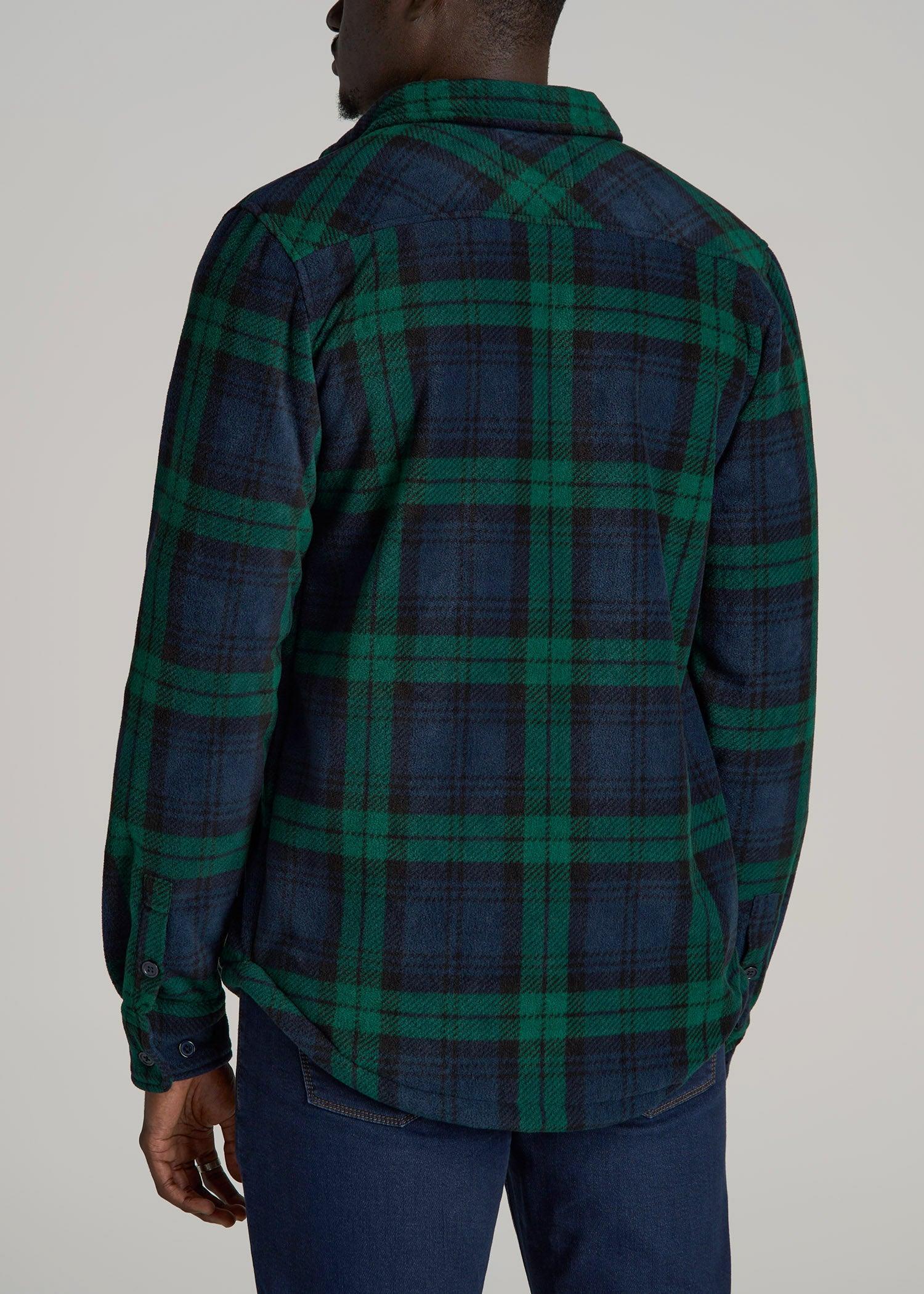 Sherpa-Lined Fleece Overshirt for Tall Men in Dark Blue & Green Plaid Product Image