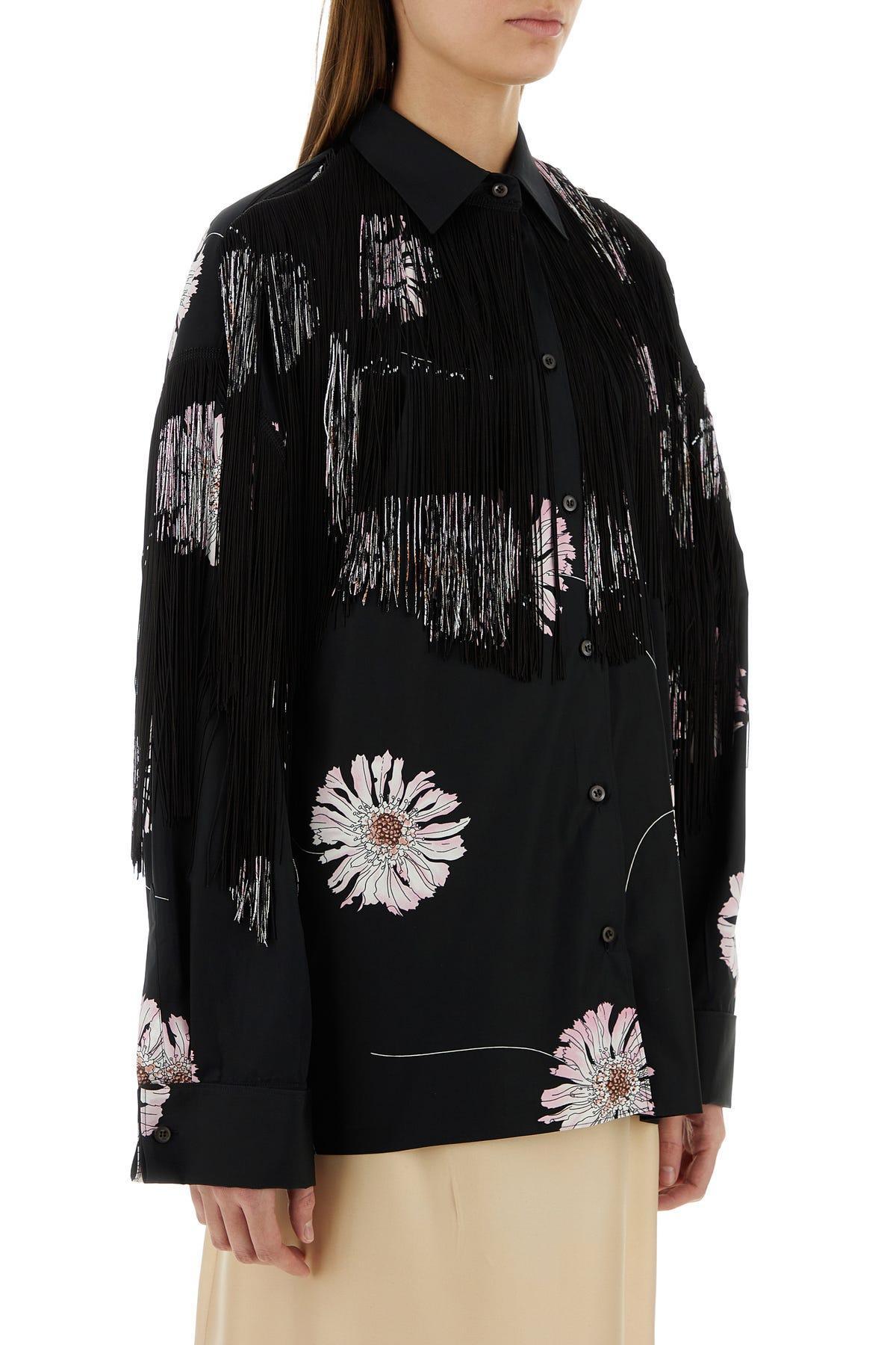 Poplin Shirt With Floral Print And Fringe Detailing In Multicolor Product Image