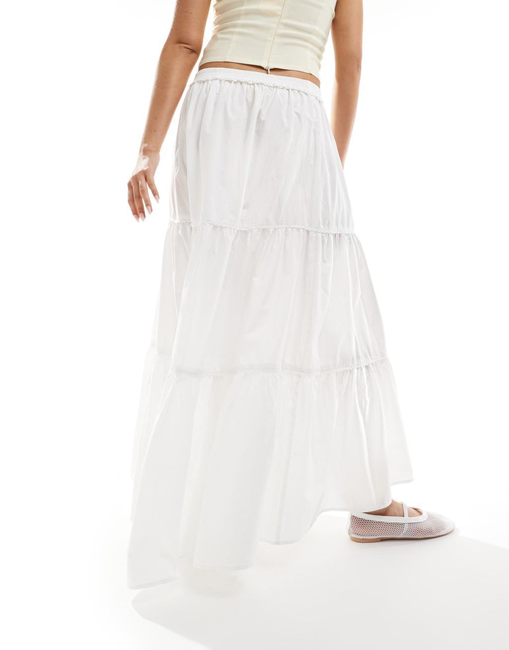 Monki maxi tiered poplin cotton skirt with half elastic waist in white Product Image