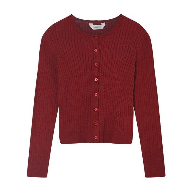 Round Neck Plain Cable Knit Cardigan Product Image