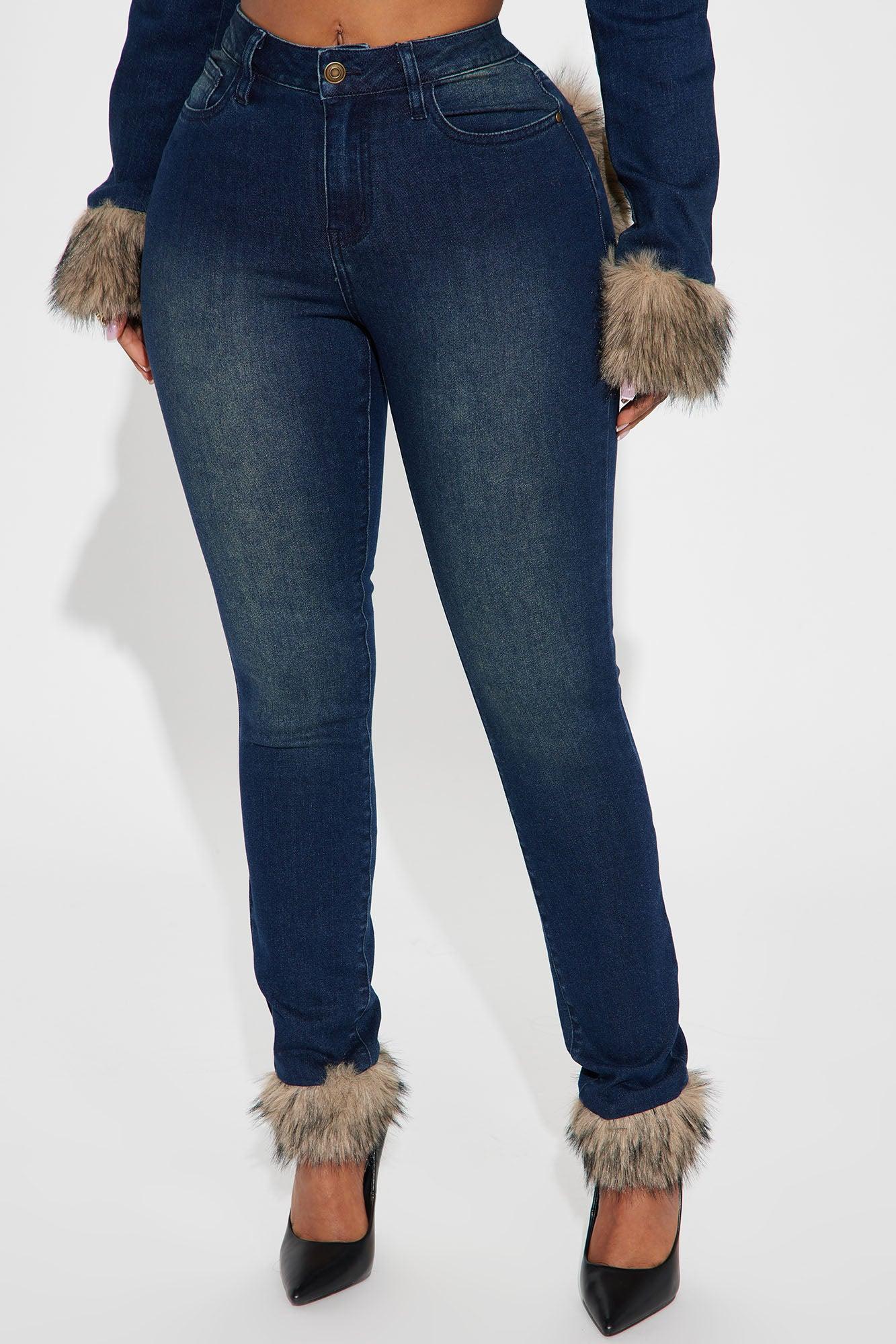 Chantel Faux Fur Trim Skinny Jeans - Dark Wash Product Image