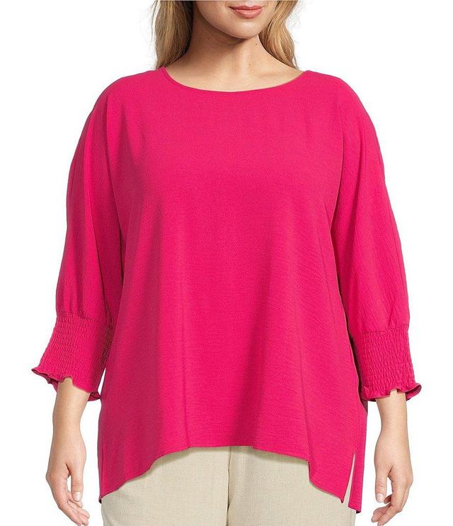 Multiples Plus Size Solid Crinkle Woven Crew Neck Smocked 3/4 Dolman Sleeve Top Product Image