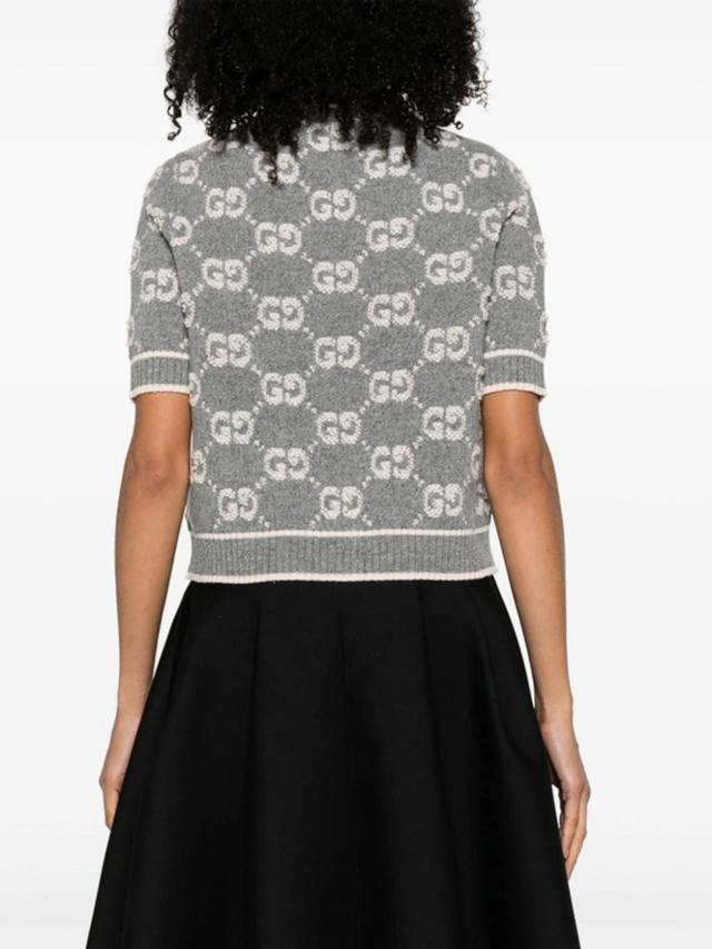 Grey Gg-jacquard Wool Knitted Top In Grey,ivory Product Image