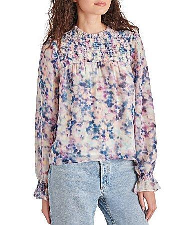 Steve Madden Soleil Floral Print Smocked Yoke Ruffle Trim Crew Neck Long Sleeve Blouse Product Image