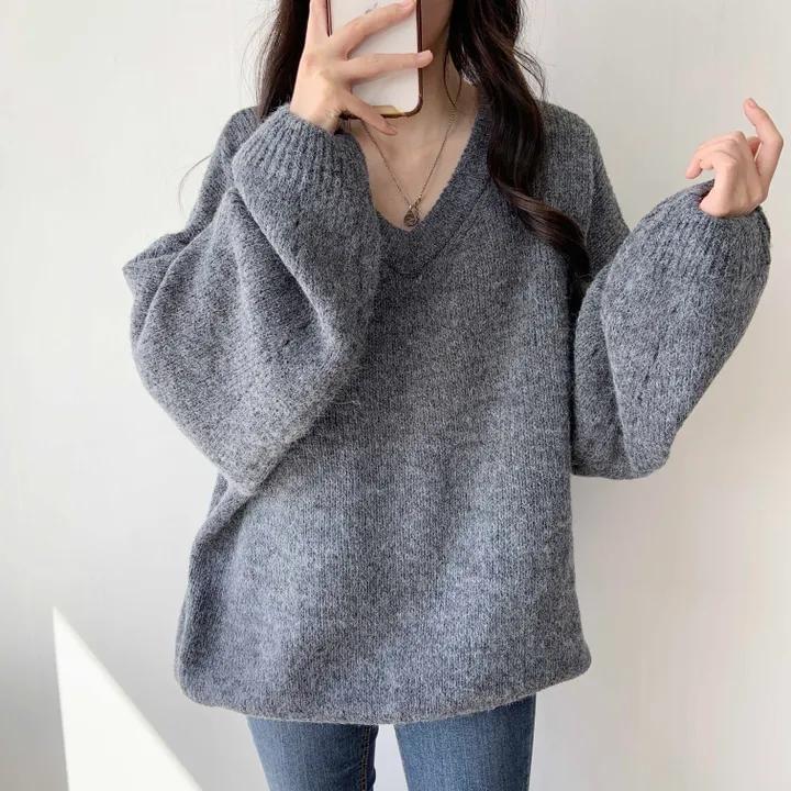 V-Neck Drop-Shoulder Plain Sweater Product Image