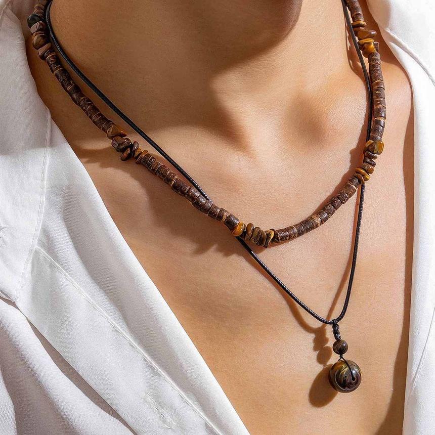 Set:  Faux Turquoise Pendant Cord Necklace + Wooden Bead Choker Product Image