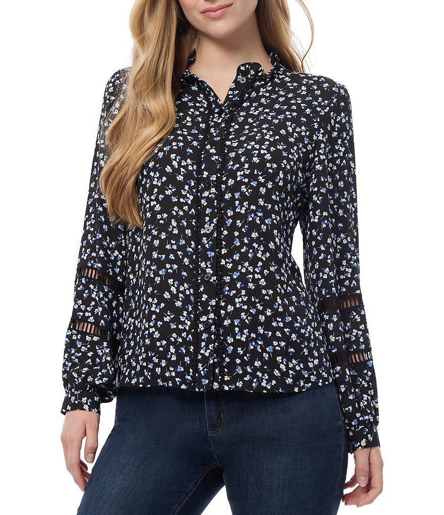 Jones New York Floral Printed Crepe De Chine Ruffle Neck Cutout Long Sleeve Button Front Top Product Image