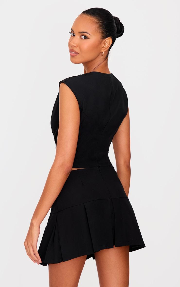 Black Tailored Woven Plunge Cap Sleeve Cinched Waist Long Top Product Image