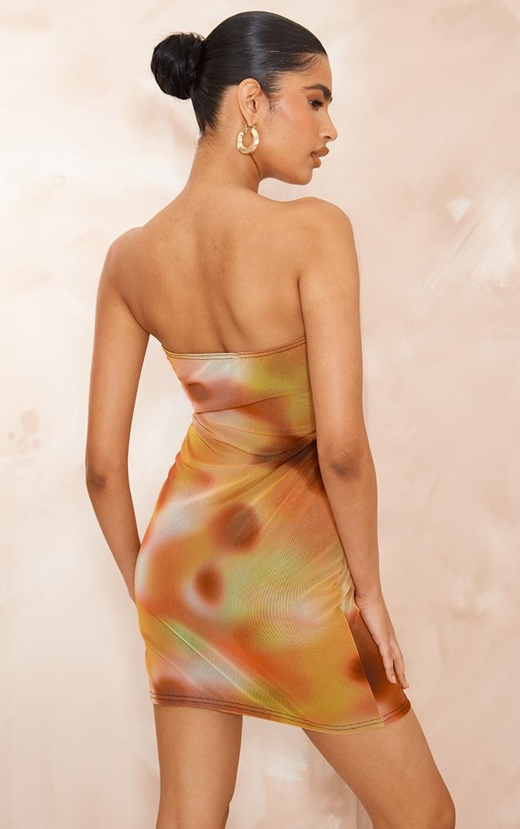 Orange Abstract Print Mesh Bandeau Lined Bodycon Dress Product Image