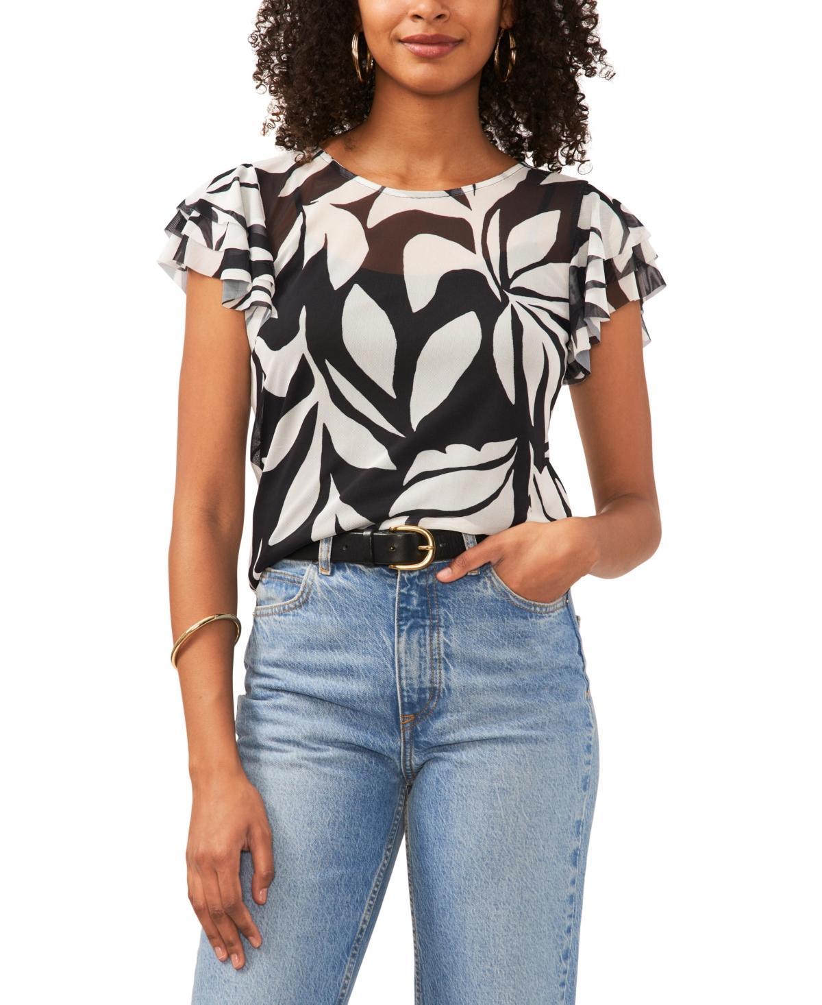 Vince Camuto Womens Printed Ruffled-Sleeve Crewneck Top Product Image