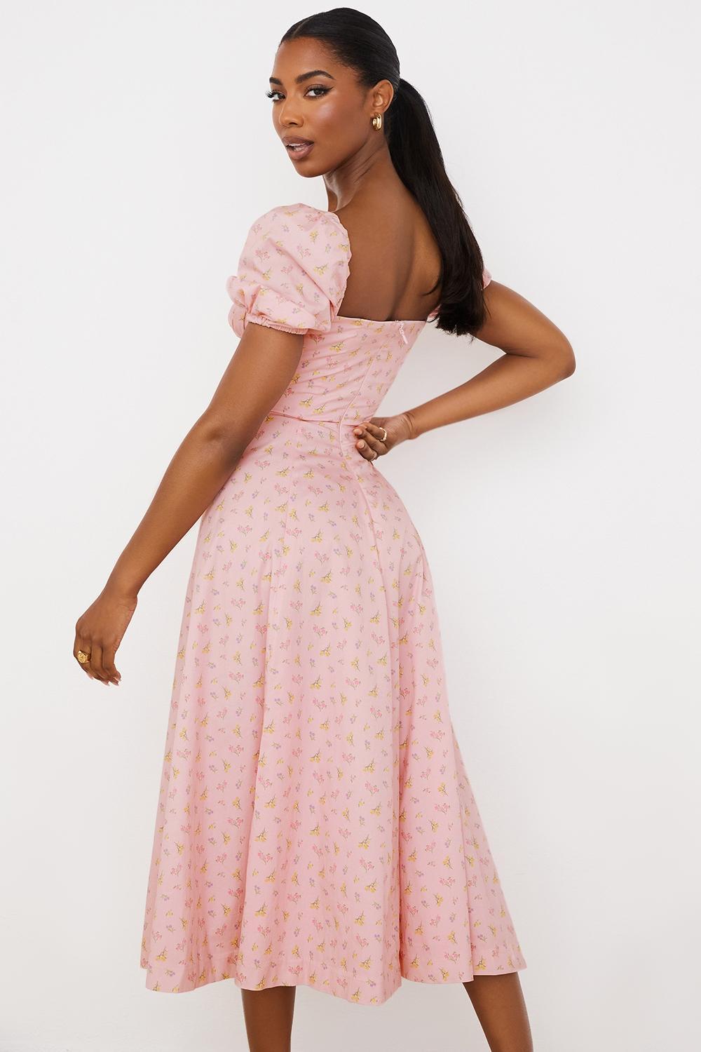 Tallulah Pink Floral Puff Sleeve Midi Dress Product Image