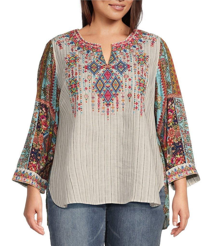 John Mark Plus Size Embroidered Stripe Split Round Neck 3/4 Sleeve Hi-Low Hem Top Product Image