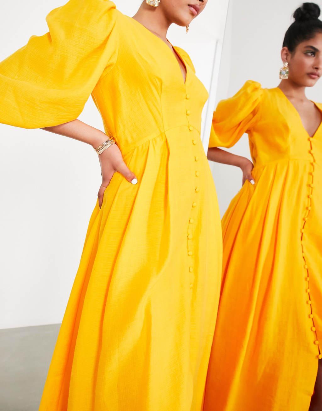 ASOS EDITION button front midi dress with puff sleeve in marigold Product Image