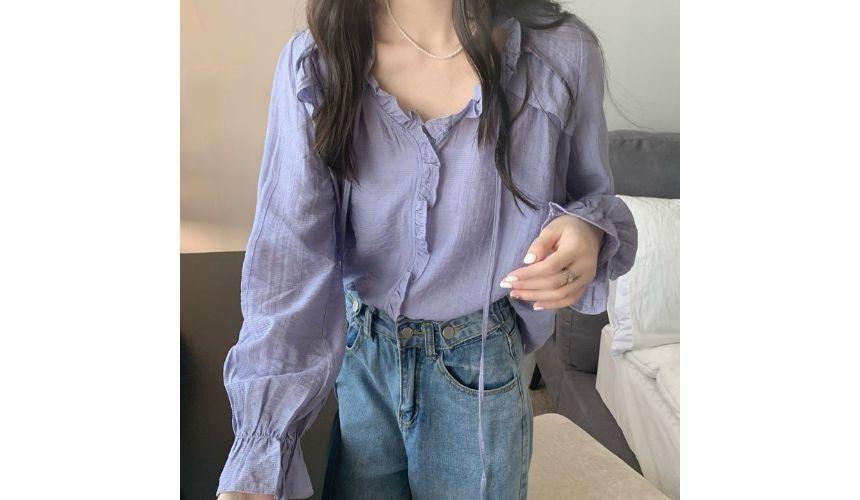 Long-Sleeve Tie-Neck Plain Frill Trim Blouse Product Image