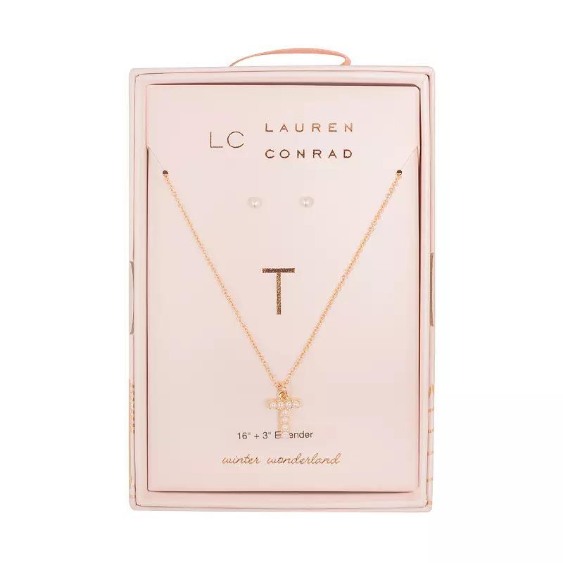 LC Lauren Conrad Simulated Pearl Initial Necklace & Earring Set, Womens, T Initial Product Image