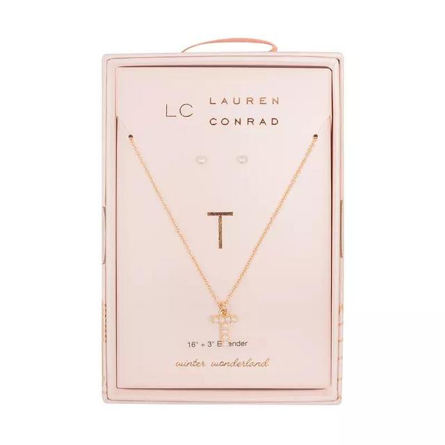 LC Lauren Conrad Simulated Pearl Initial Necklace & Earring Set, Womens, T Initial Product Image