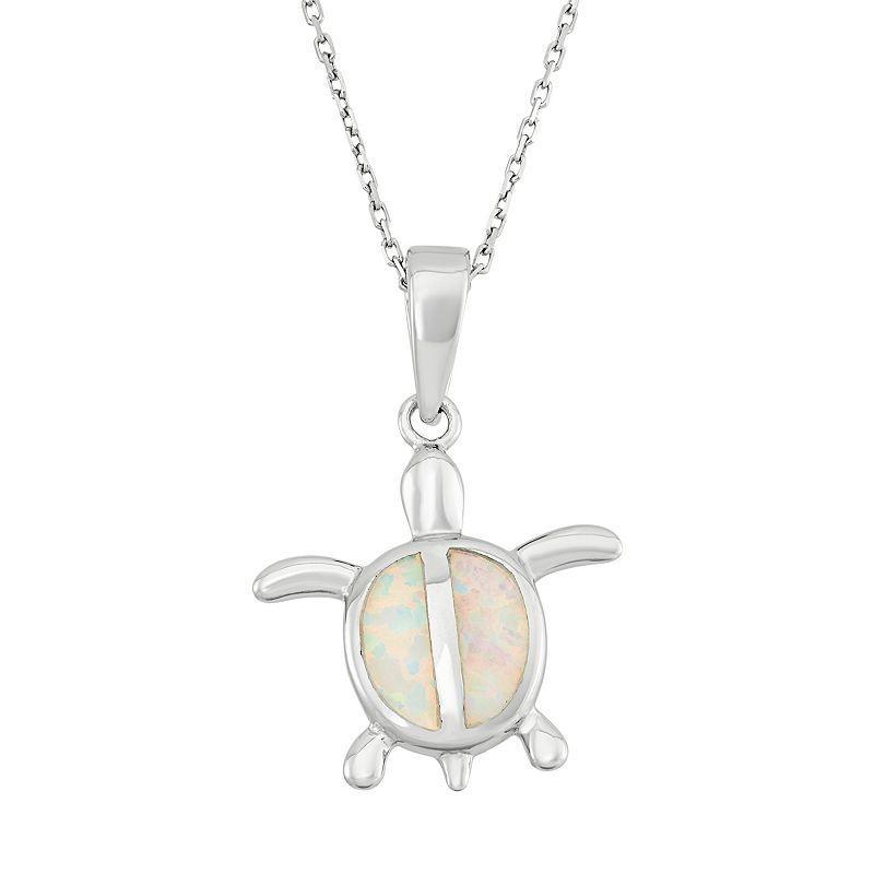 Lab-Created Opal Sterling Silver Turtle Pendant Necklace, Womens White Product Image