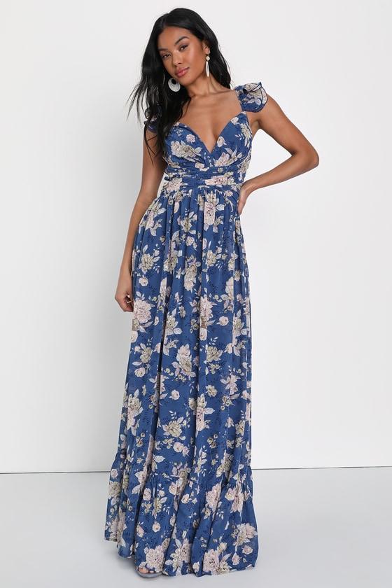 Soiree Celebration Blue Floral Ruffled Lace-Up Maxi Dress Product Image