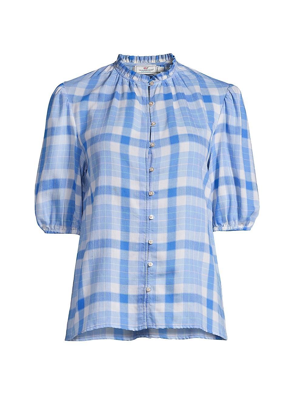 Womens Plaid Cotton-Blend Ruffle Neck Top Product Image