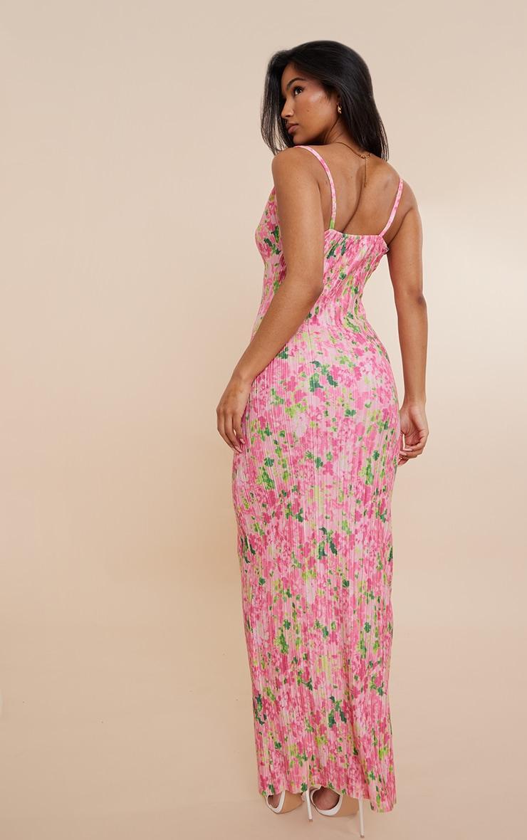 Pink Abstract Floral Printed Plisse Strappy Maxi Dress Product Image