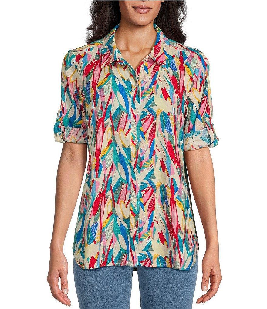 Intro Linen Blend Multi Print Point Collar 3/4 Roll-Tab Sleeve Button-Front Shirt Product Image