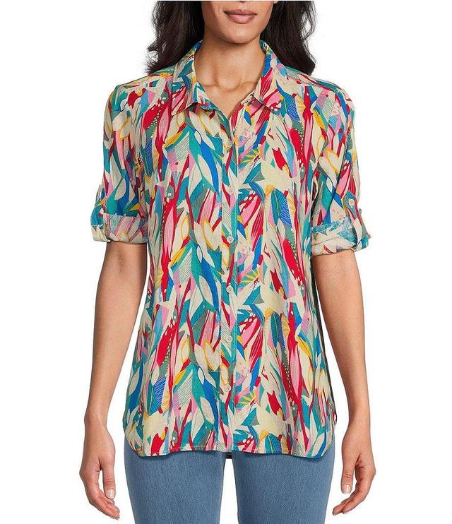 Intro Linen Blend Multi Print Point Collar 3/4 Roll-Tab Sleeve Button-Front Shirt Product Image