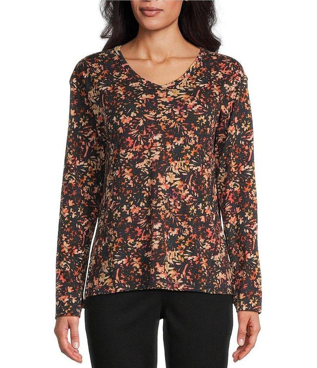 Westbound Floral Print Knit Long Sleeve V-Neck Top Product Image