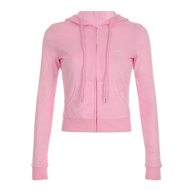 Drawstring Plain Crop Zip Hoodie Product Image