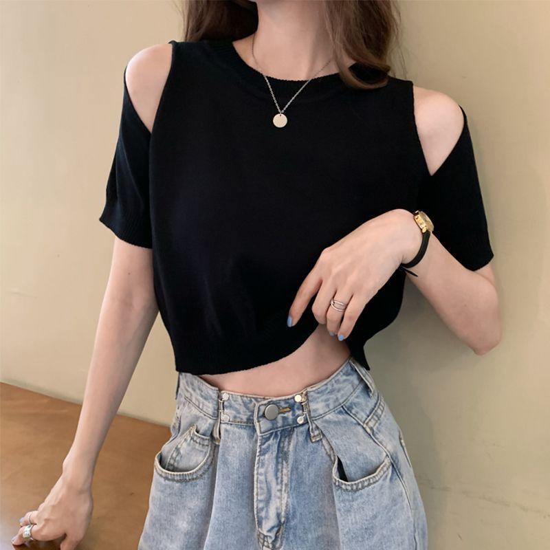 Short-Sleeve Cutout Knit Top Product Image