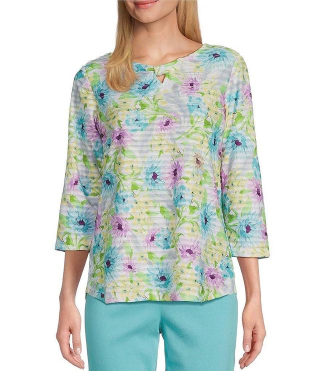 Allison Daley Petite Size Floral Print 3/4 Sleeve Keyhole Neck Ruffle Knit Top Product Image