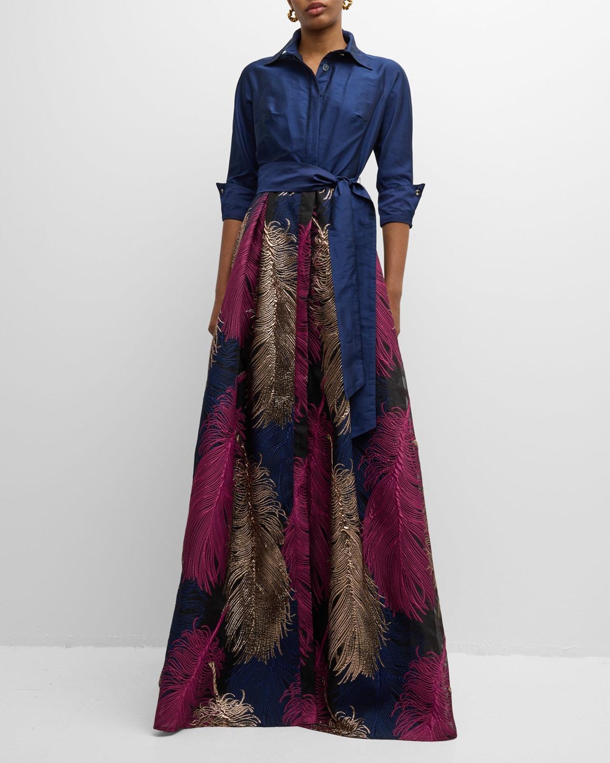 Womens Two-Tone Feather Jacquard Shirt Gown Product Image