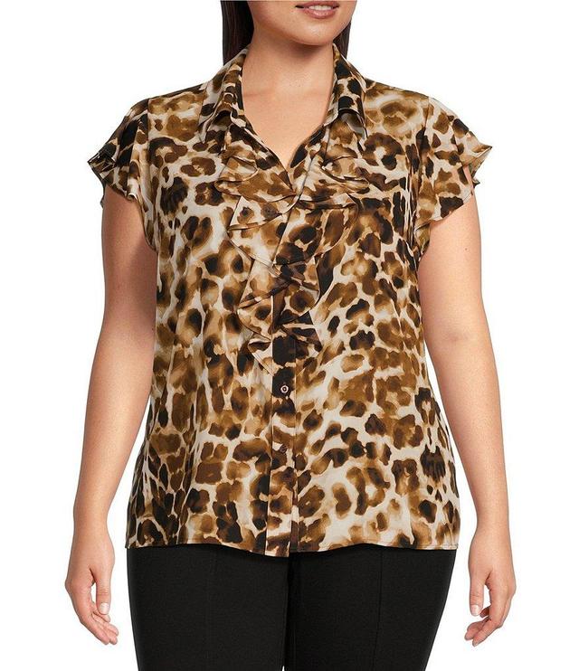 Calvin Klein Plus Size Leopard Print Collared Ruffle Front Cap Sleeve Woven Top Product Image