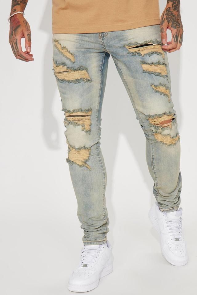 Out Of Control Destroyed Vintage Stacked Skinny Jeans - Vintage Blue Wash Product Image