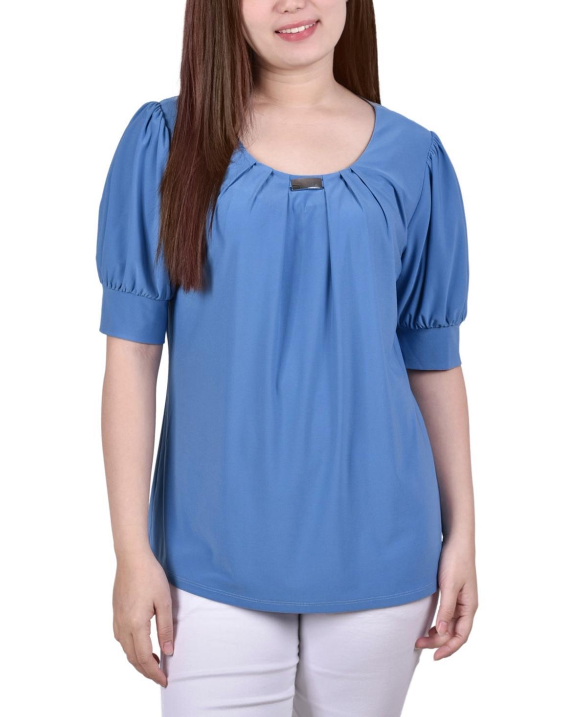 NY Collection Petite Puff Sleeve Pleated Front Blouse -BLUE Product Image