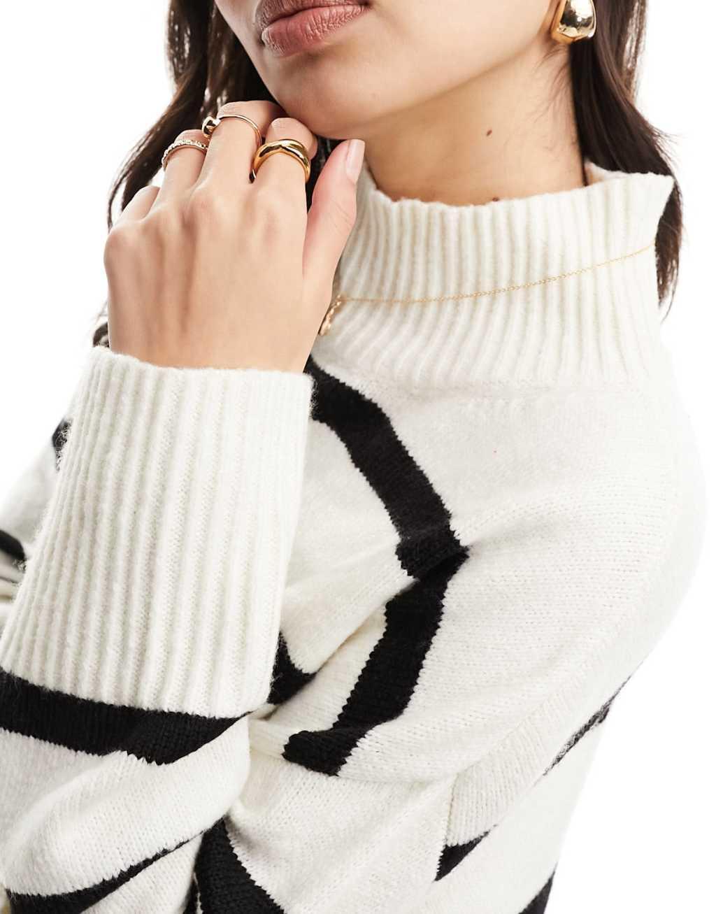 ASOS DESIGN longline sweater with high neck in cream and black stripe Product Image