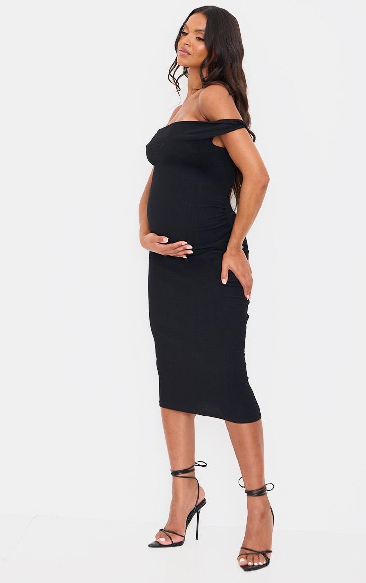 Maternity Black Midi Textured Bardot Sleeveless Bodycon Dress Product Image