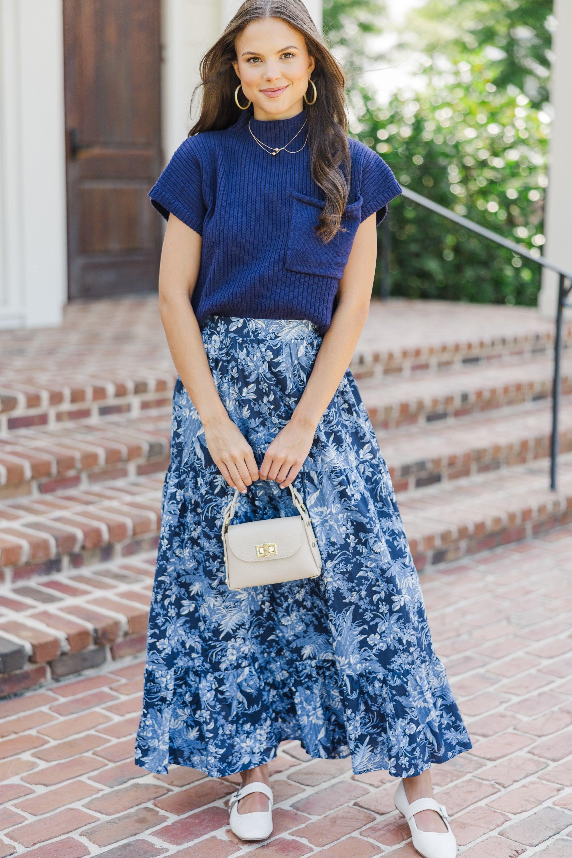 How I Feel Navy Blue Floral Maxi Skirt Female Product Image