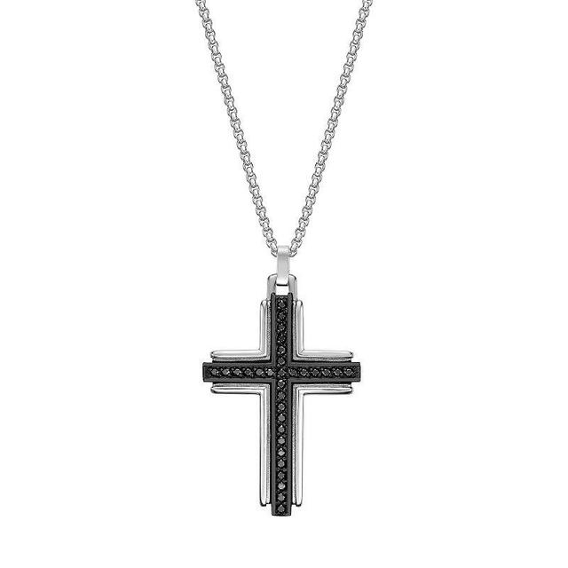 Mens LYNX Stainless Steel & Black Agate Cross Pendant Necklace Two Tone Product Image