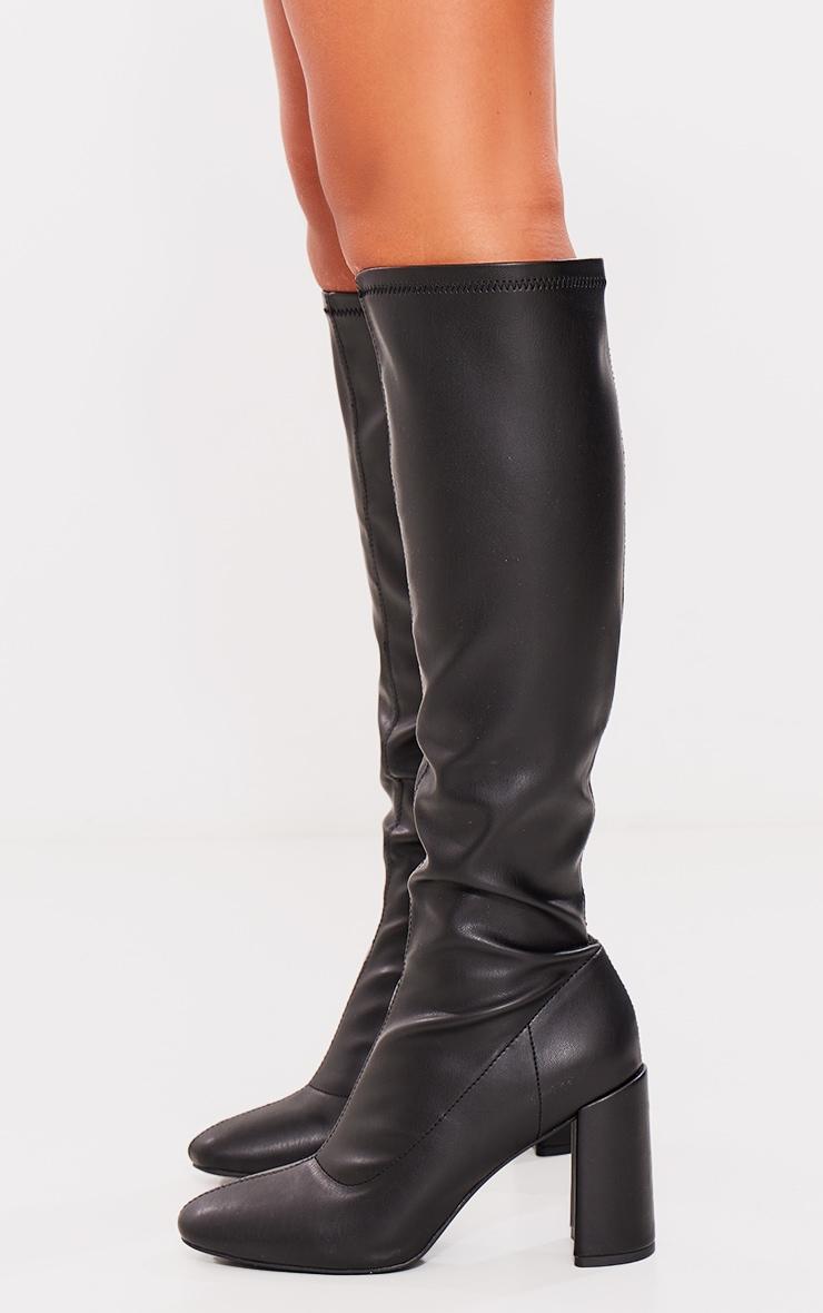 Black PU Round Toe Knee High Block Heeled Sock Boots Product Image