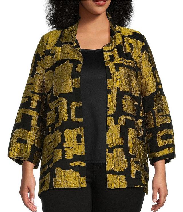 Ali Miles Plus Size Printed Collared 3/4 Cuffed Sleeve Button Down Jacket Product Image