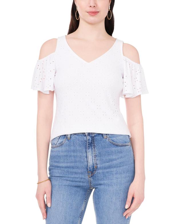 Women's Cold-Shoulder Eyelet V-Neck Knit Top Product Image