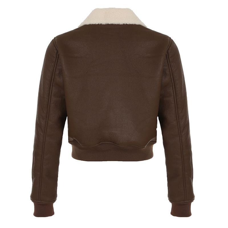 Long Sleeve Furry Collar Faux Leather Zip-Up Jacket Product Image