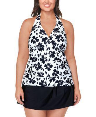 Plus Size Floral-Print Tankini Top & Tummy-Control Swim Skirt, Created for Macy's Product Image