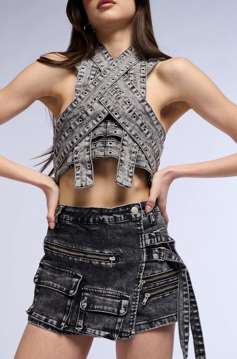 DONITA DENIM HALTER NECK CROP TOP Product Image