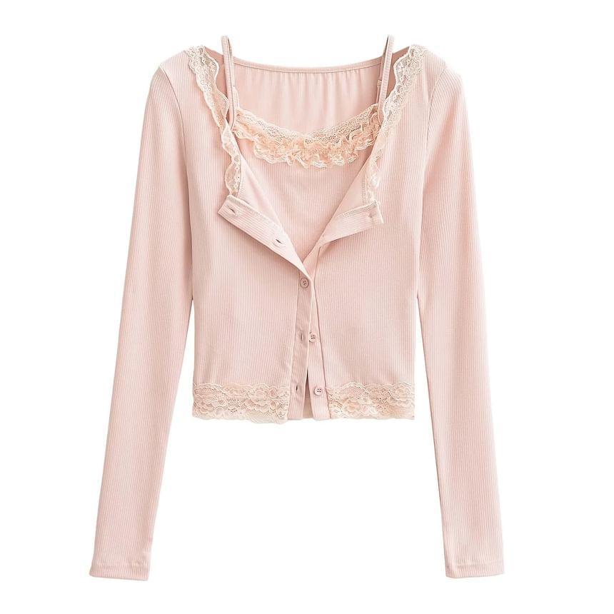 Set: Lace Trim Cami Top + Button-Up Cardigan Product Image